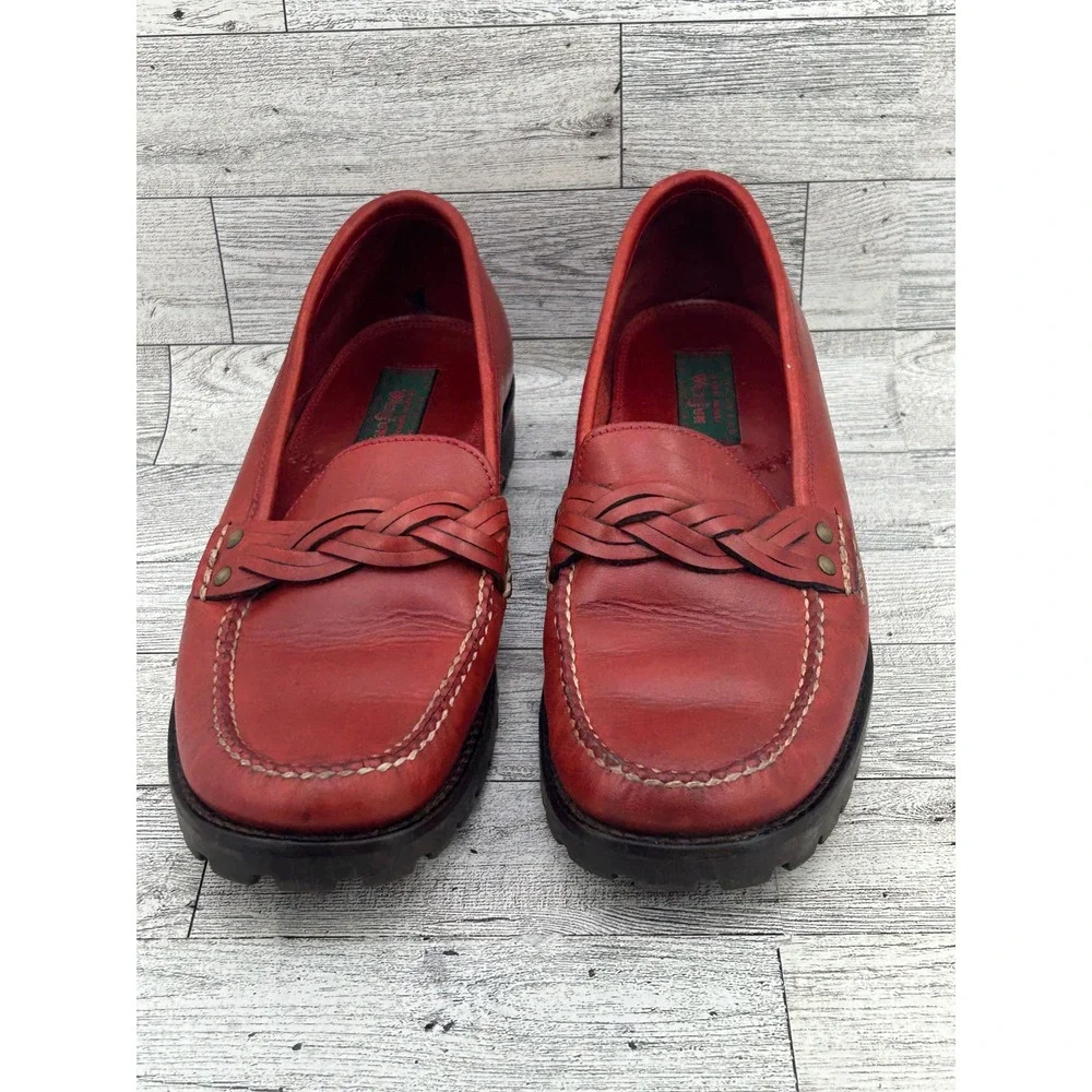 GH Bass Weejuns Calliope Red Leather Loafers Braided Detail Lug Sole Womens 6.5M